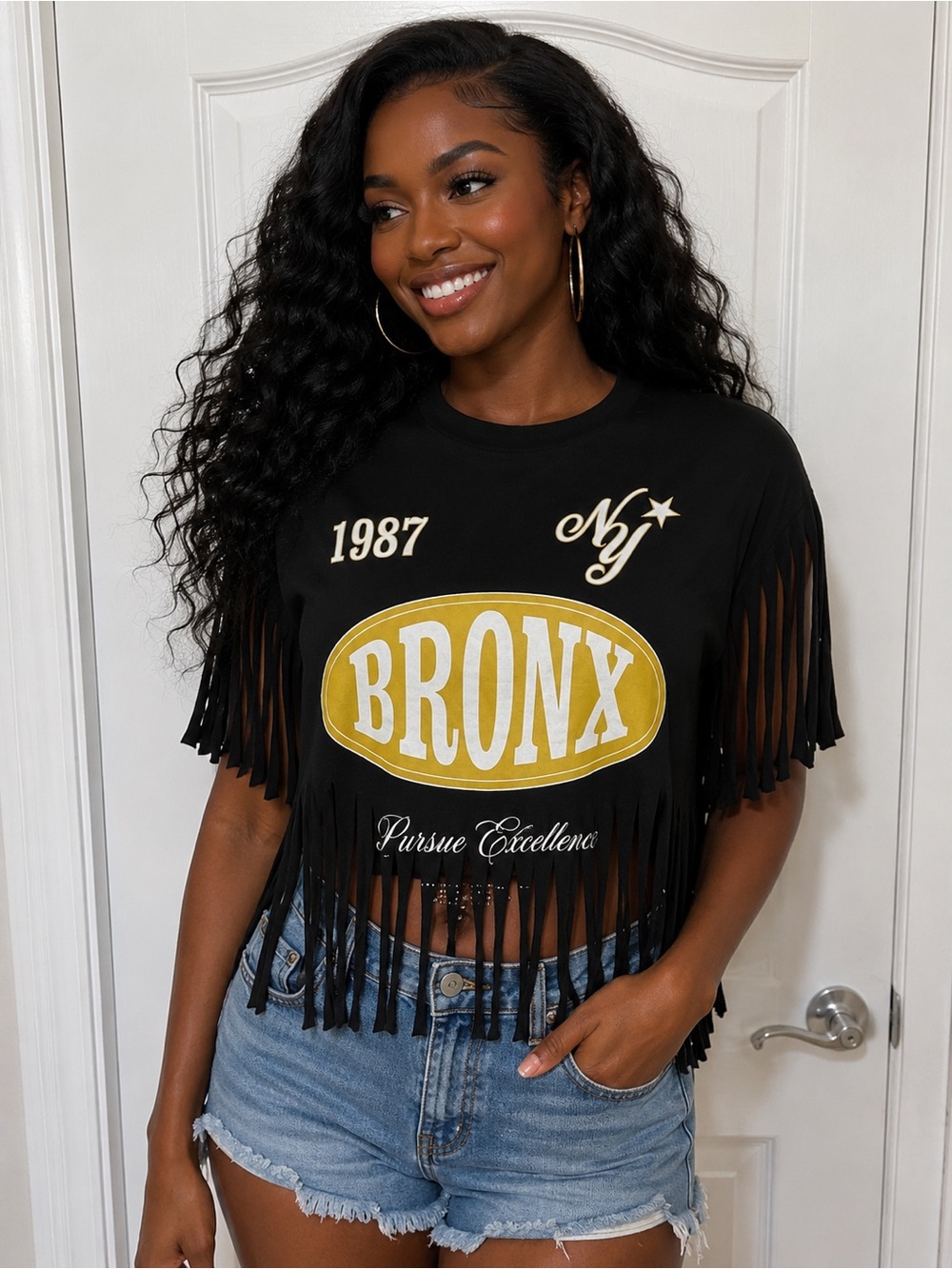 Black Fringe Crop Top with Gold Bronx Graphic size S